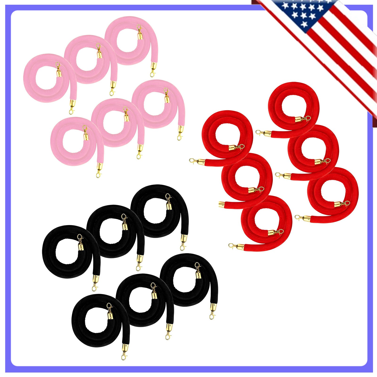 6pcs Stanchion Ropes w/Hook1.5m Crowd Control Barrier Safety Rope for Red Carpet