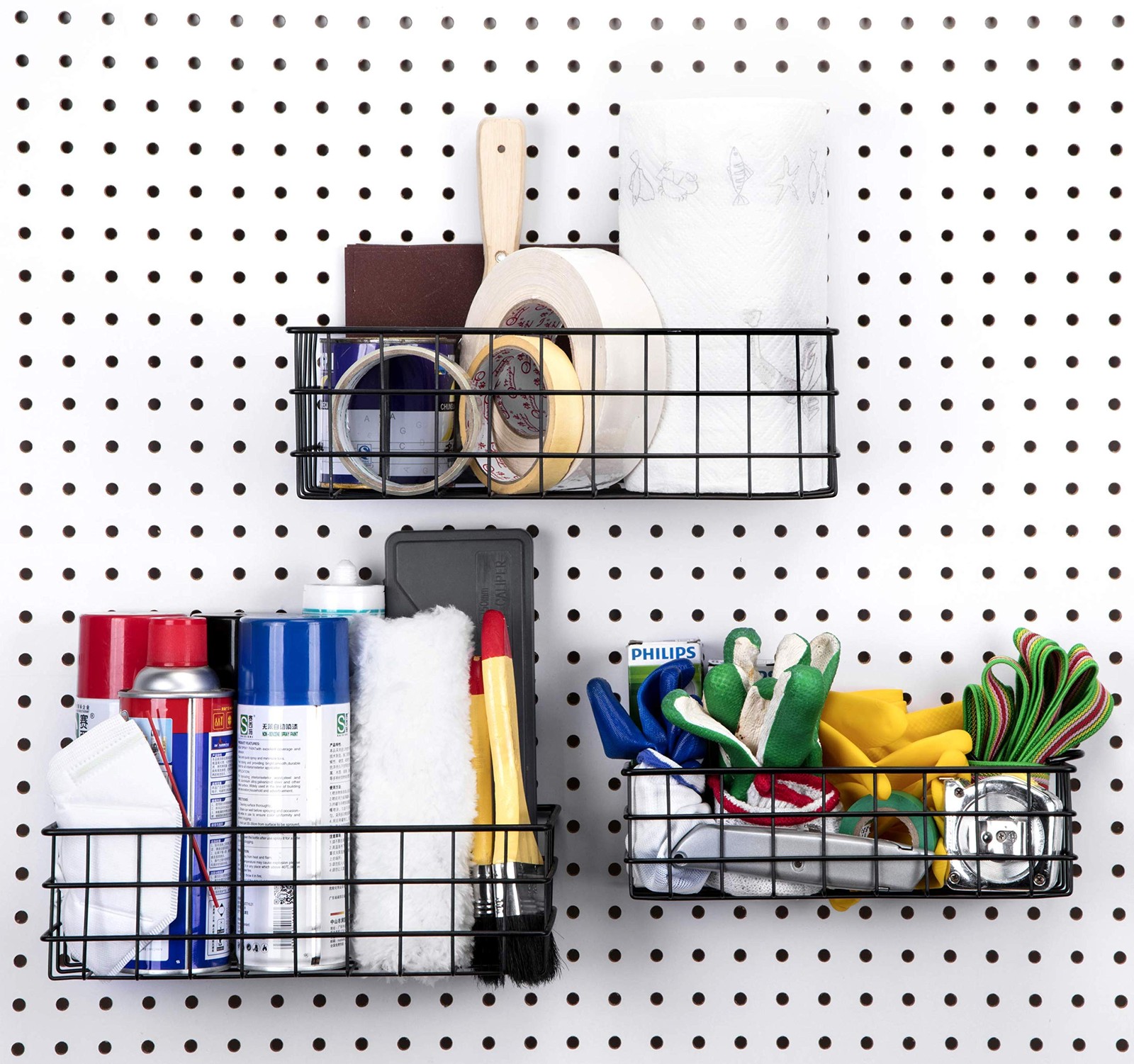 3 PCS Black Pegboard Baskets Square Style Metal Wire Wall Organizer Tools