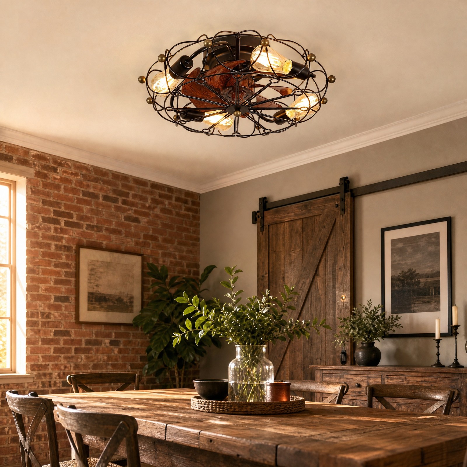 20'' Modern Caged Black Ceiling Fan with LED Light Flush Mount Remote Control