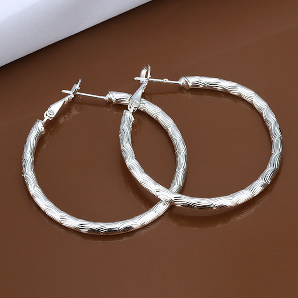 Sterling Silver Plated Hoop Earrings, Textured Clip Closure 40mm Silver Hoops L3