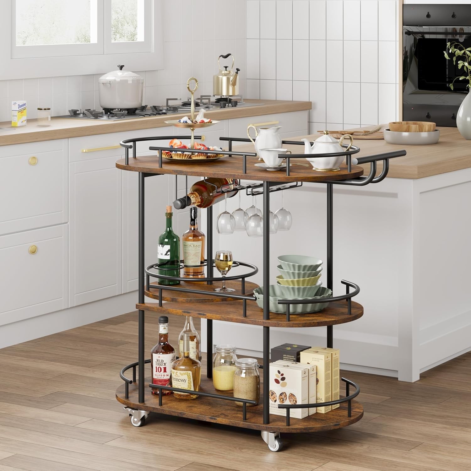Bar Carts 3-Tier Storage Shelves Mobile Kitchen Serving Cart w/ Wine Rack Wheels