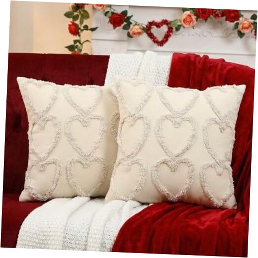 2 Pcs Valentines Day Throw Pillow Covers with Hearts Cream Color Heart Style