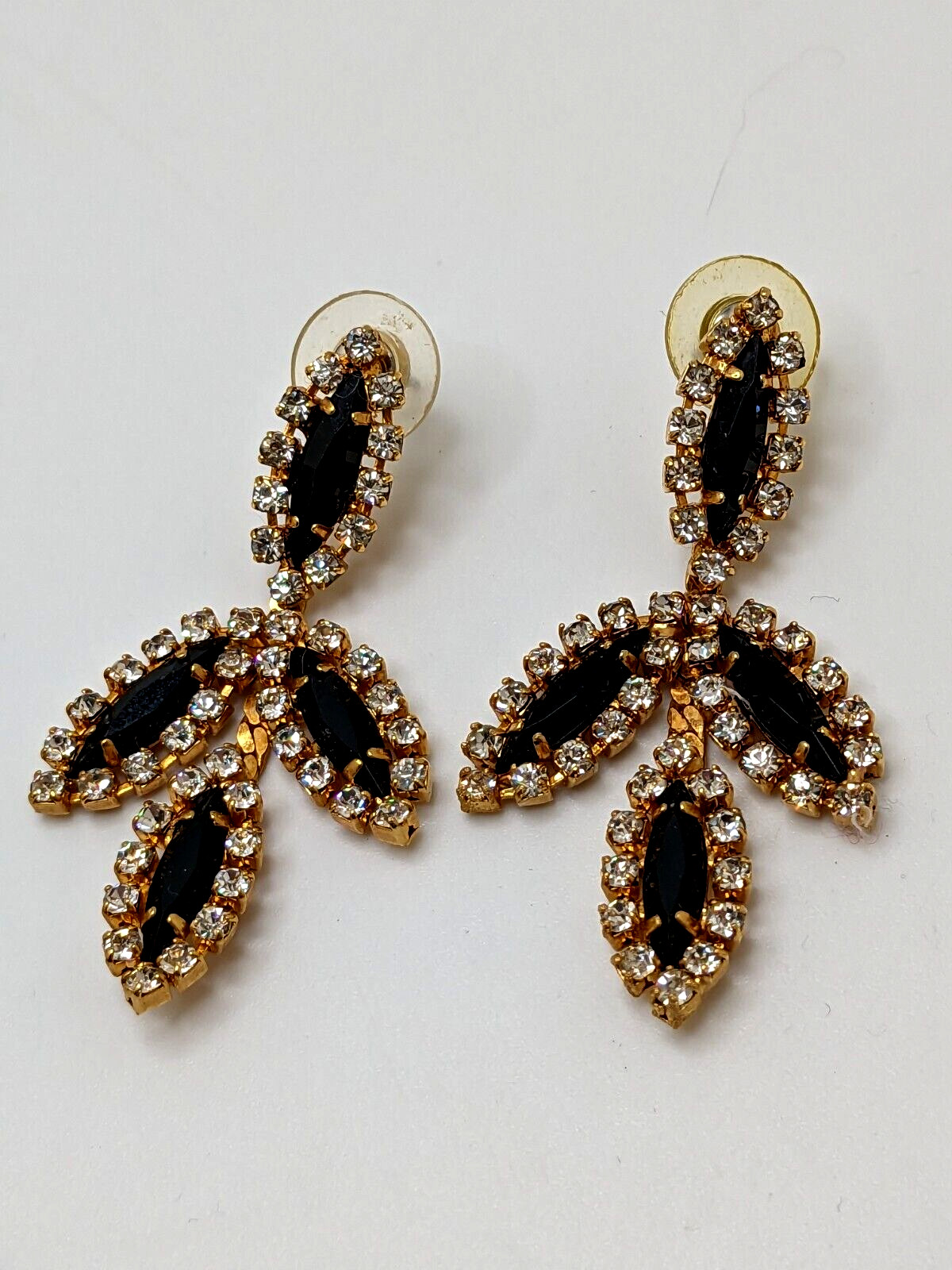 Vintage Black Marquis & clear Rhinestone Chandelier Stud Leaves Earrings 2.25"
