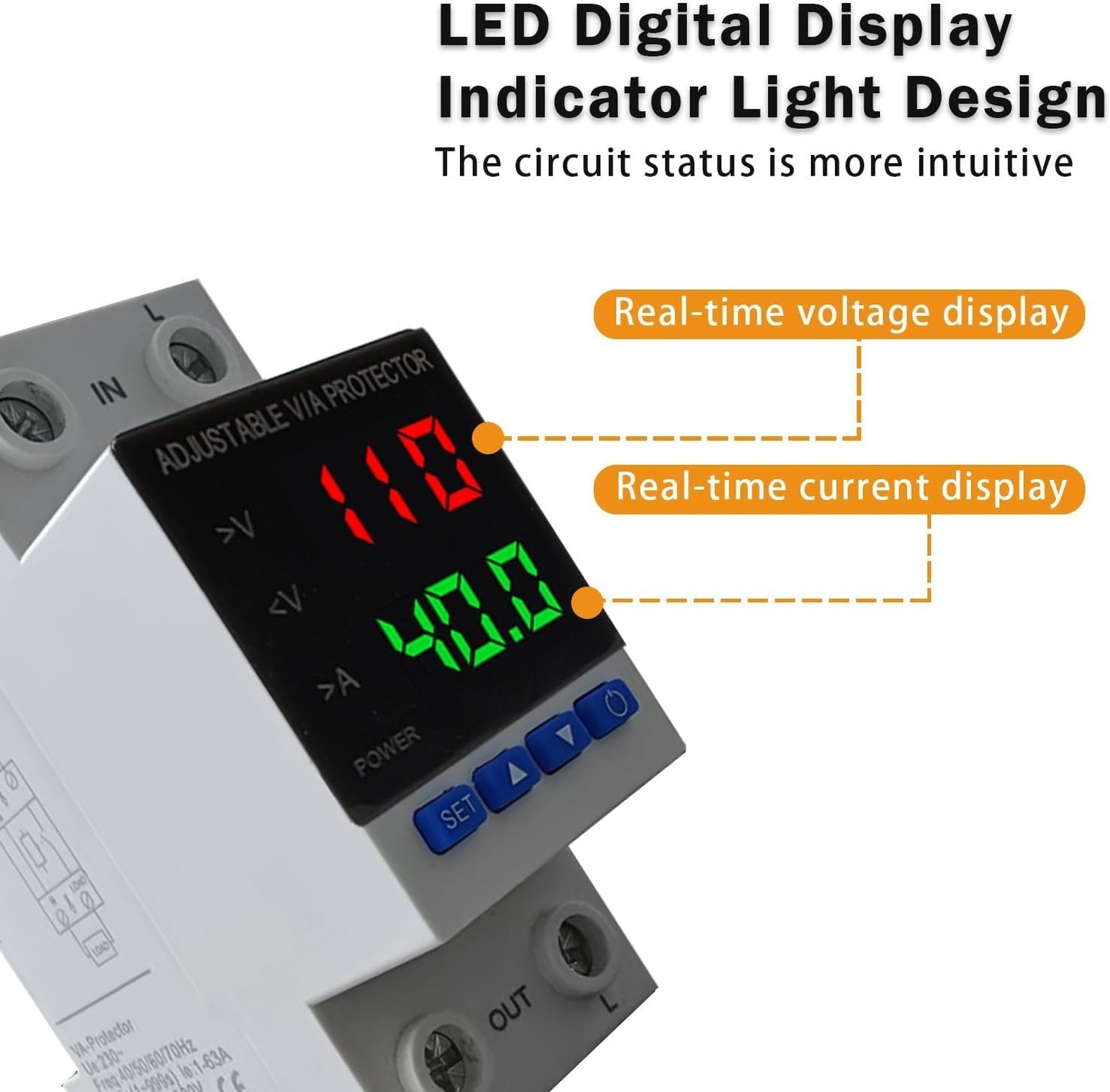 Smart Voltage Protector, 1-40A Adjustable 110V/220V DIN Rail Mount Circuit Br...