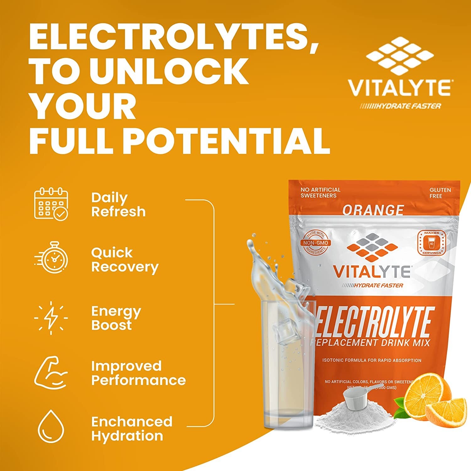 Vitalyte Electrolyte Powder Drink Mix Bundle, Pouch + Packets, Orange Flavor