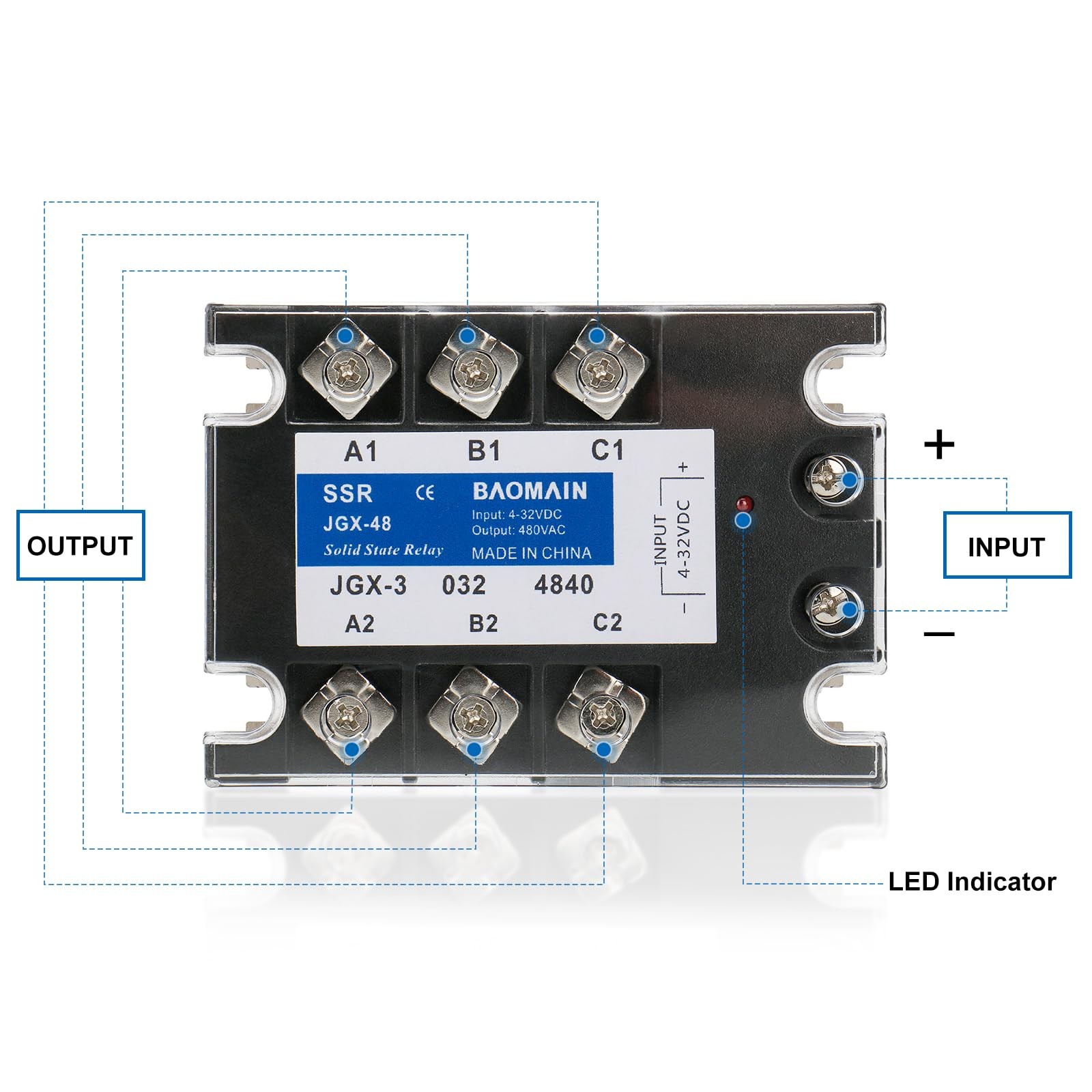 3 Phase Solid State Relay JGX-3340A 4-32 VDC Input 480VAC 40 Amp Output DC/AC