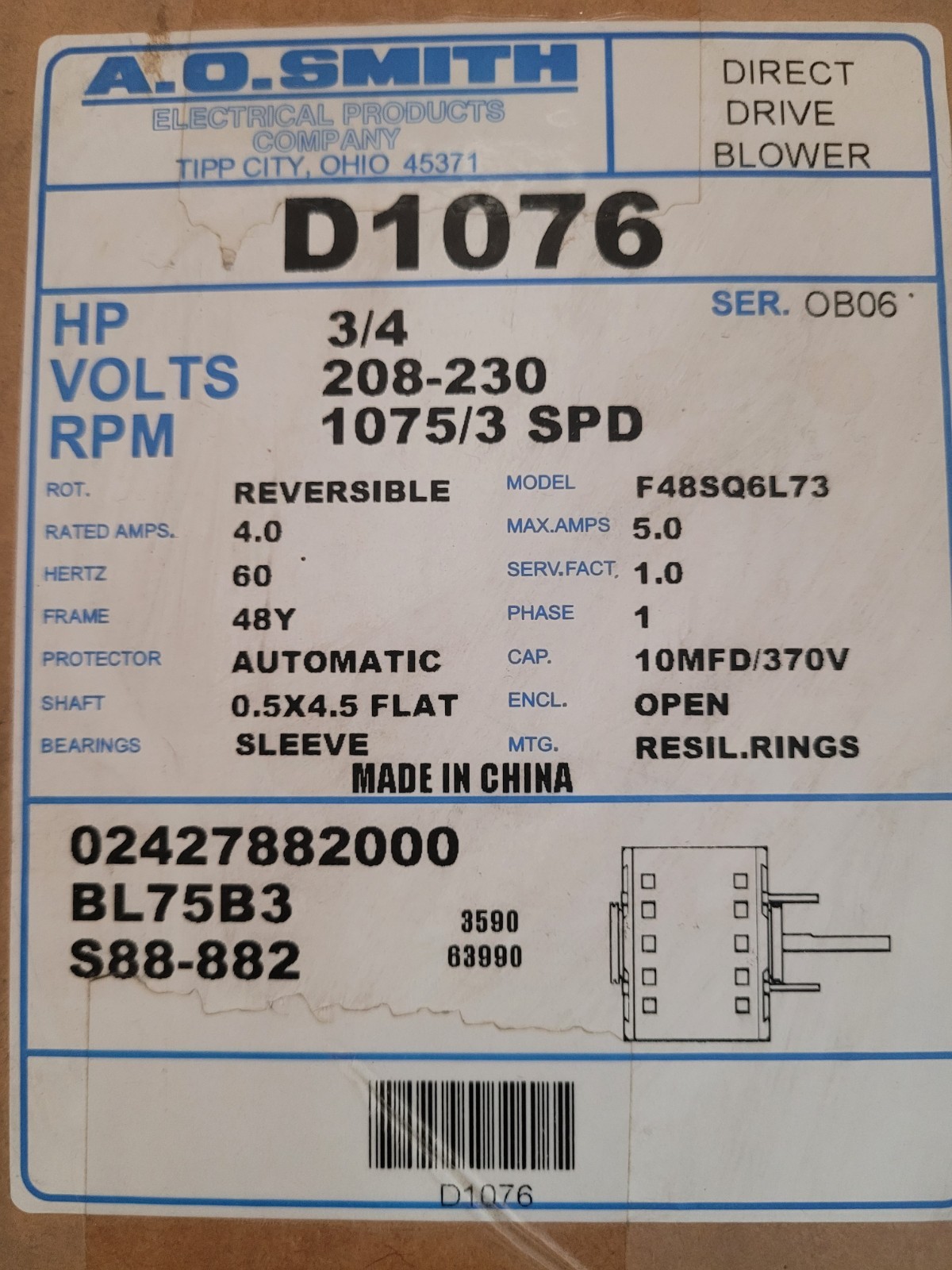 D1076 3/4HP 208-230v 1075RPM 3Speed Reversible 48Y Blower Motor