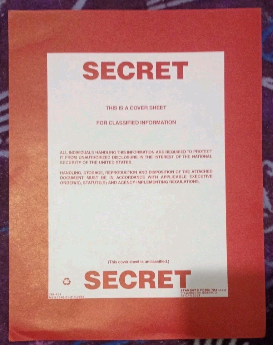 US Government Secret Document  Heavy Paper Cover Sheet Sign