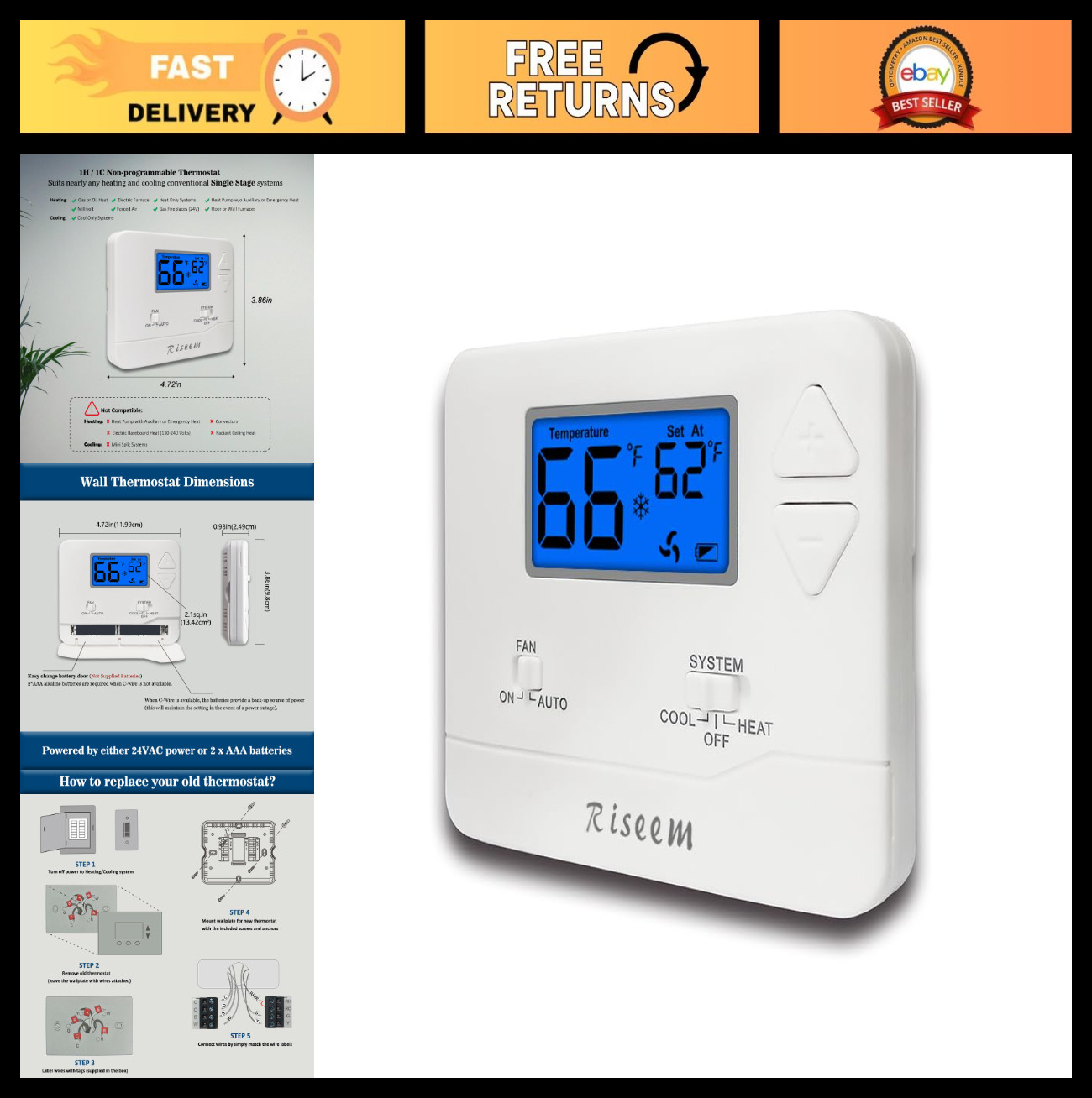 Non-Programmable Thermostat for Home, 1 Heat/1 Cool, Easy Install, Blue Backligh
