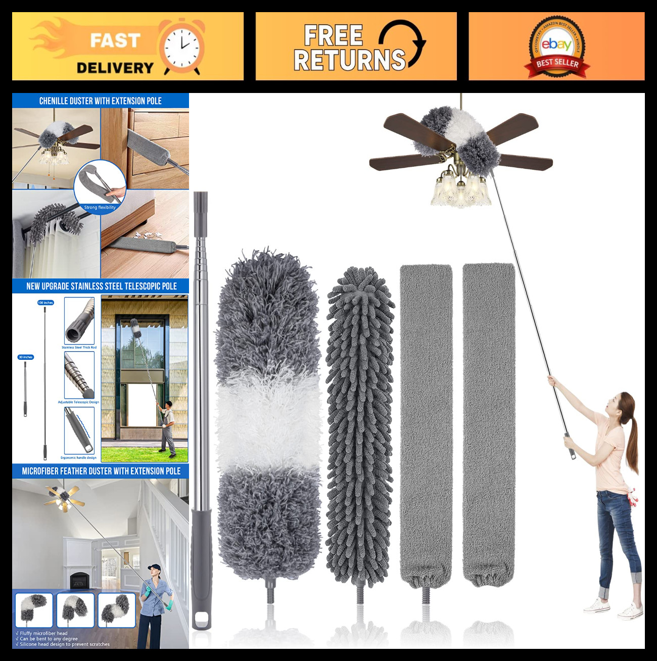 Microfiber Feather Duster Kit with Extendable Pole (30-100") - Bendable, Washabl