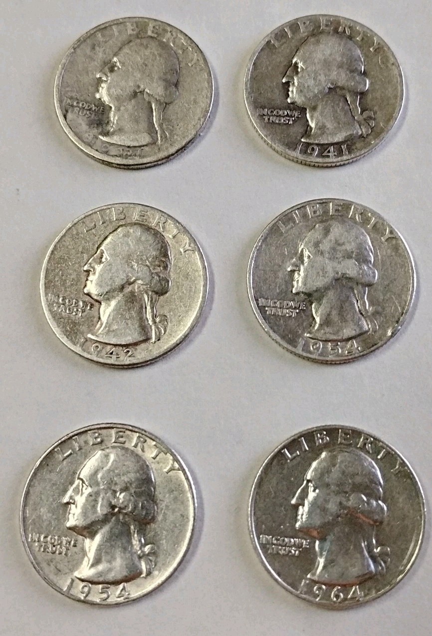 Washington 90% Silver Quarters-lot of 6 various Dates And Mints $1.50 FV W 86