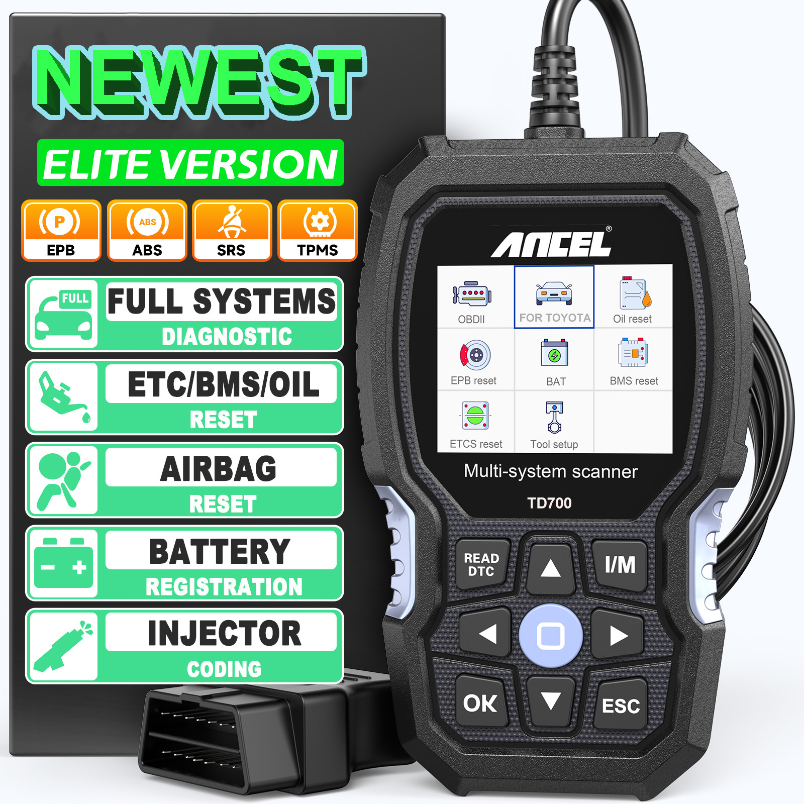 Ancel TD700 for Toyota All System OBD2 Scanner Diagnostic Tool TPMS Oil Reset