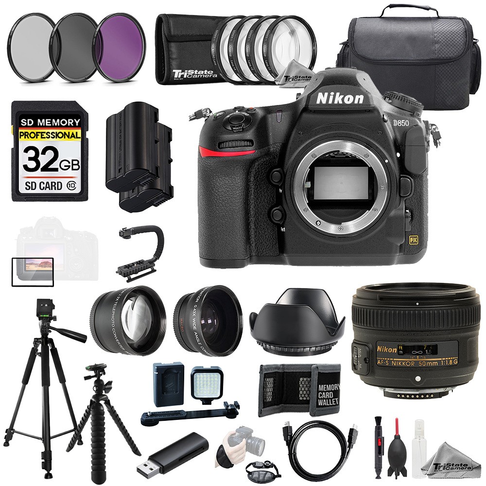 Nikon D850 + AF-S NIKKOR 50mm f/1.8G Lens +32GB+Ext Bat+9 PC Filtr-MEGA Kit