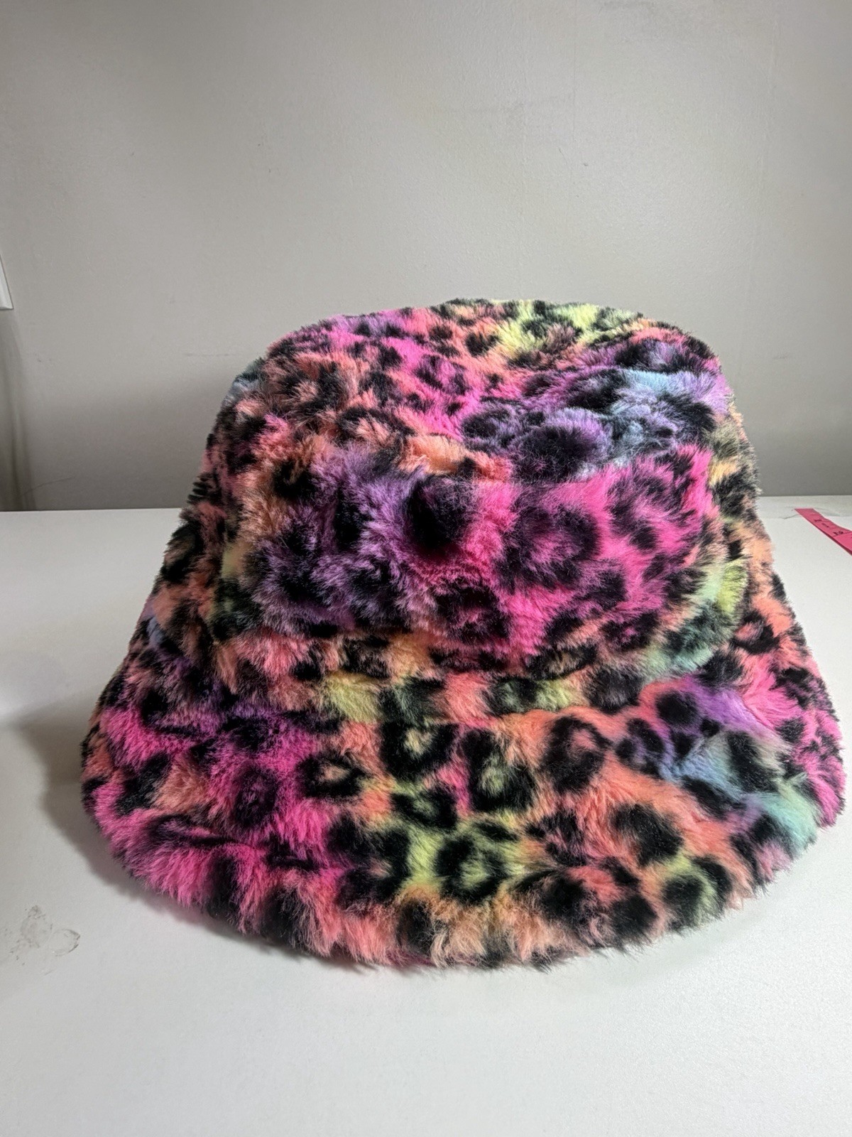 Multicolor Faux Fur Leopard Print Bucket Hat Wide Brim Fur Trim UNISEX One Size