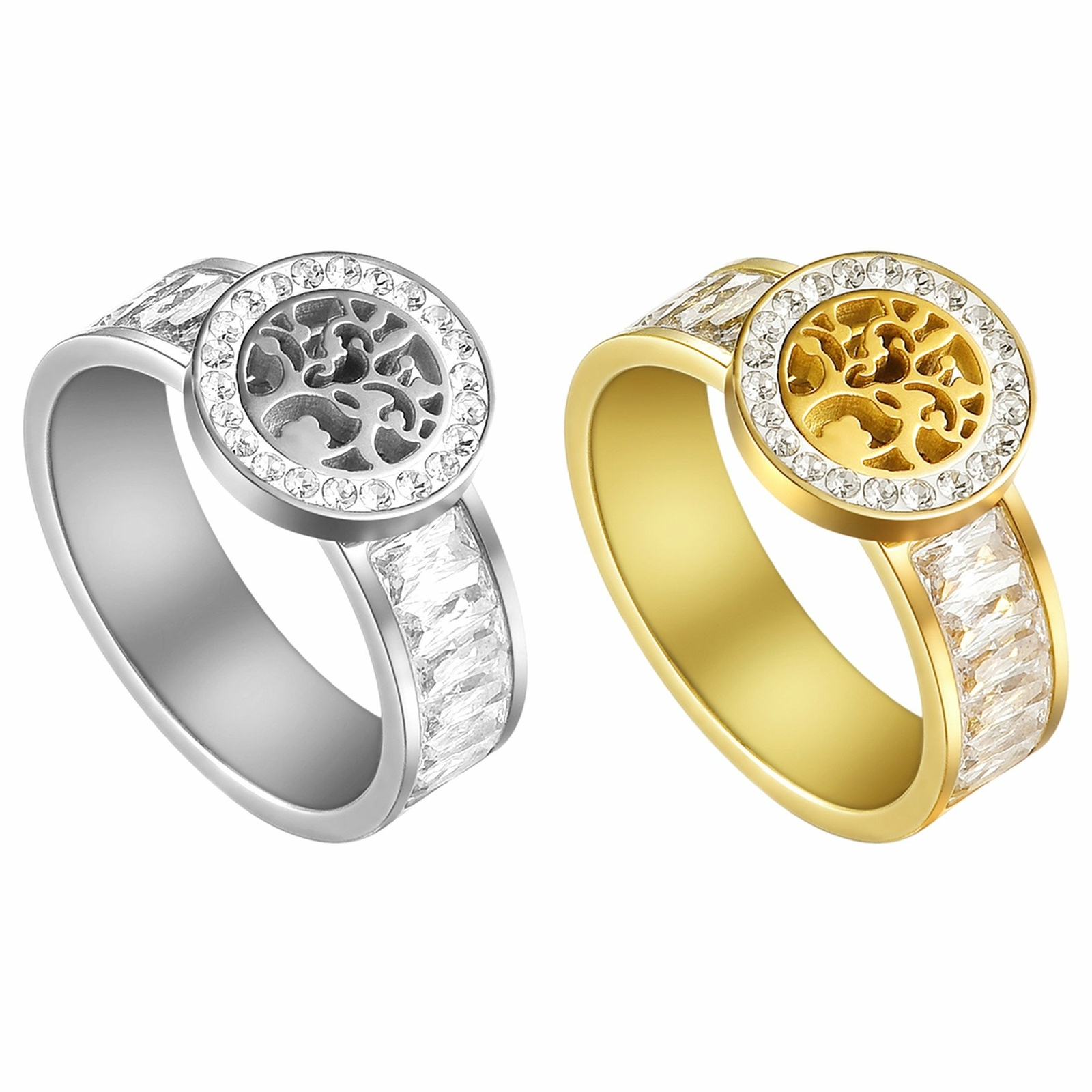 Womens Stainless Steel Tree of Life Shiny CZ Ring Promise Wedding Band Gift #6-9