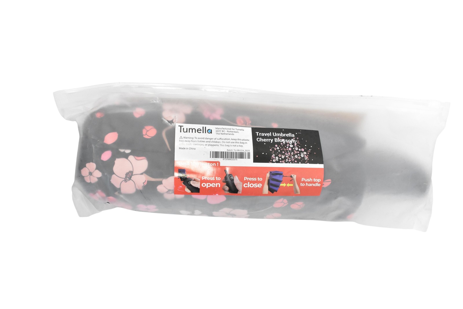 Tumella Travel Umbrella Womens Black Pink Cherry Blossom Auto Open Close Strong