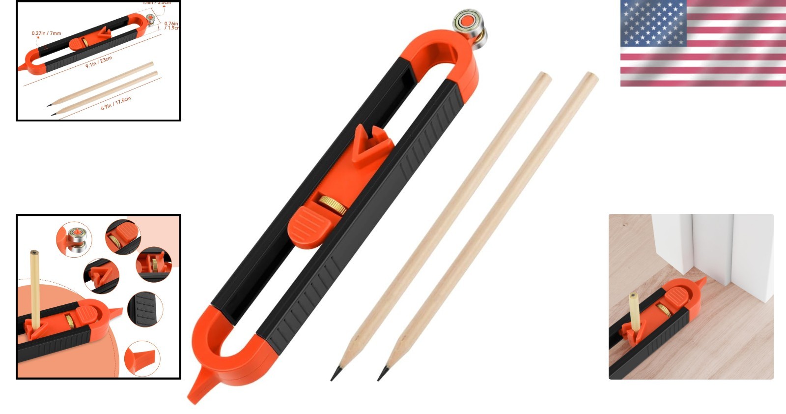 Compact Contour Scribing Tool with Adjustable Lock & Dual Pencils - Black