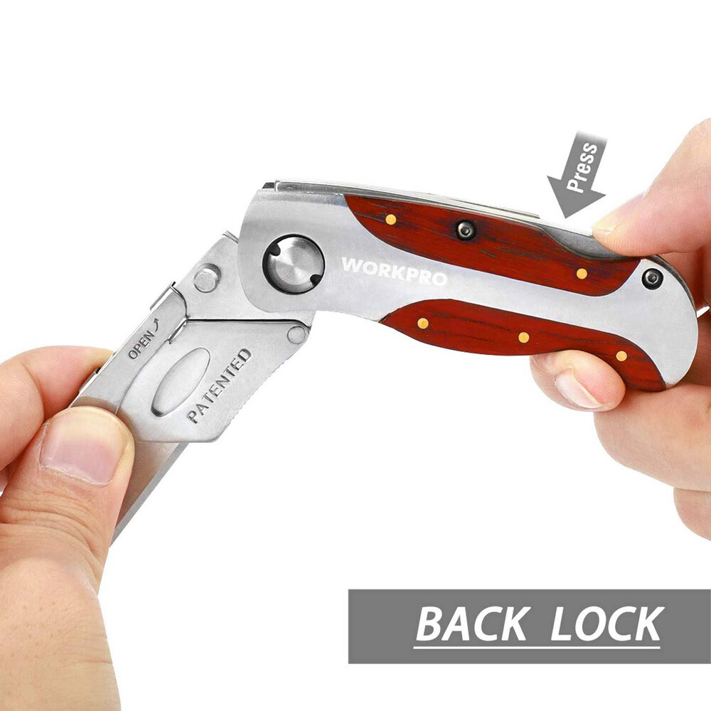 WORKPRO Folding Utility Knife Quick Change Blade Wood Grain Handle and Back Lock
