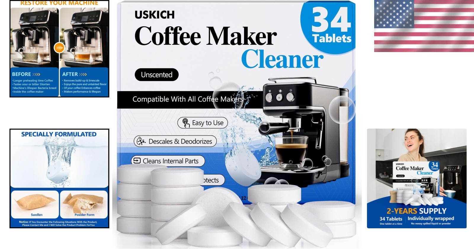 Safe & Easy Coffee Machine Cleaner Tablets - 34 Pack for Fresh Tasting Brews