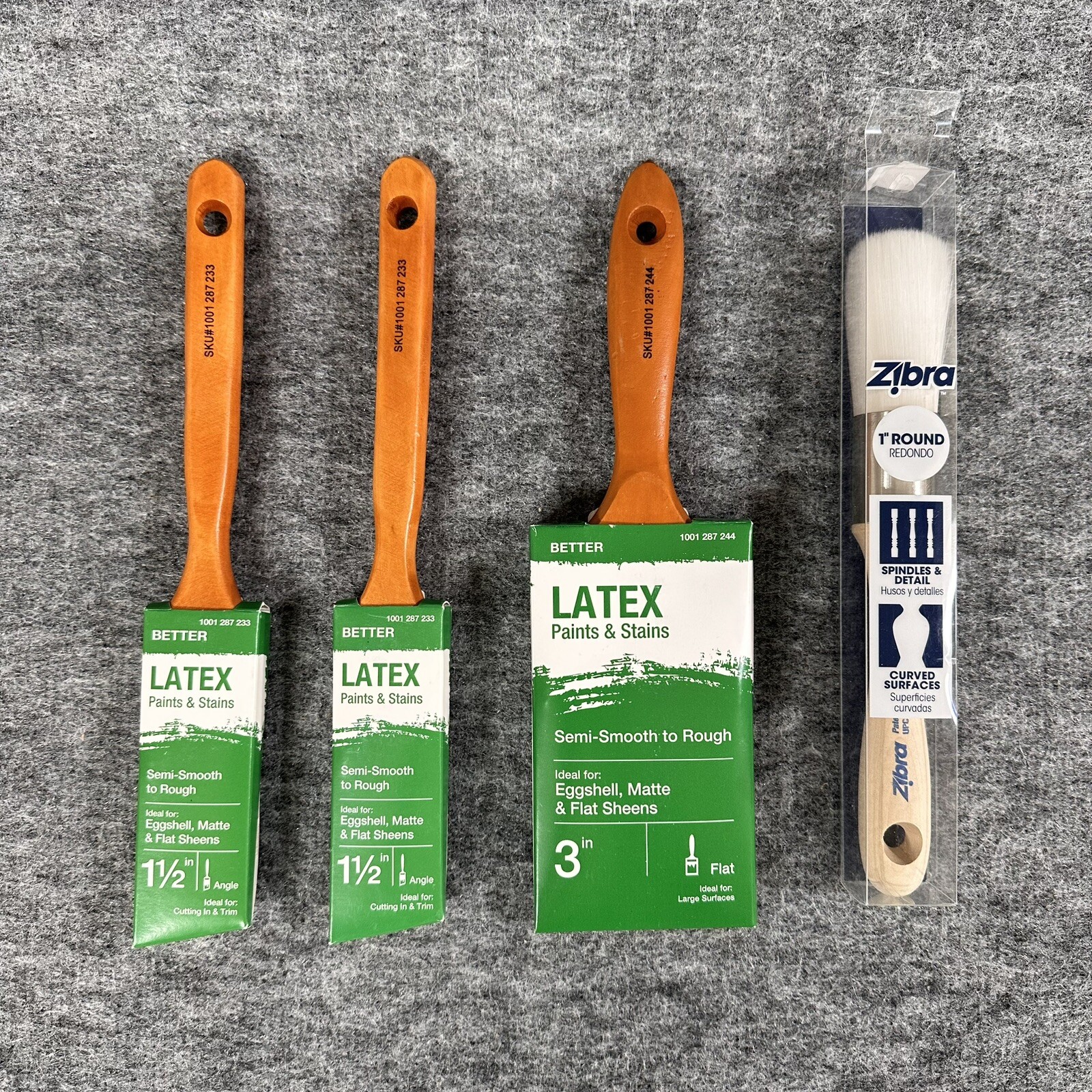 Lot of 4  2-1.5” Angle Latex Paint Brush 1-3” Flat Paint Brush 1-Zibra 1” Round