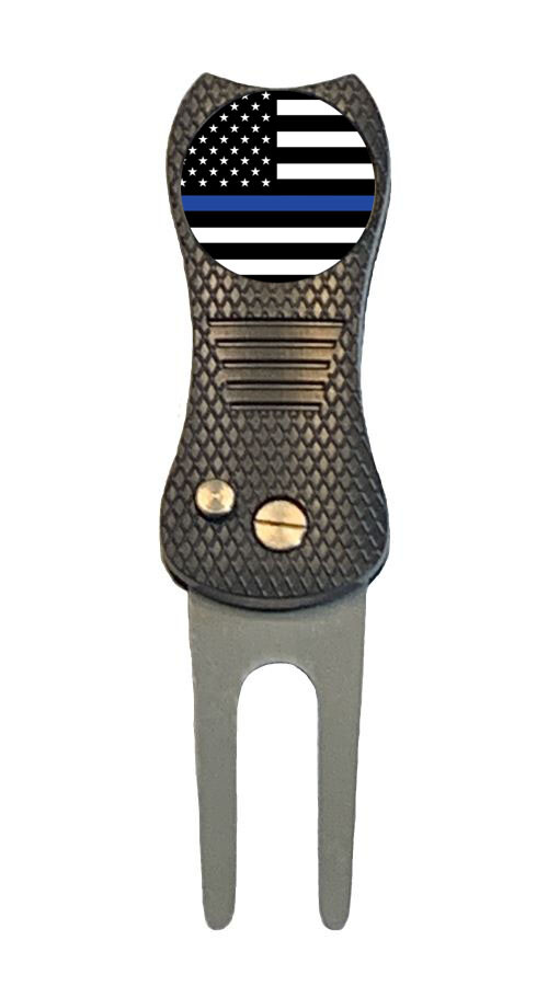 US Flag Thin Blue Line Golf Ball Marker w/ Premium Switchblade Divot Tool Gift
