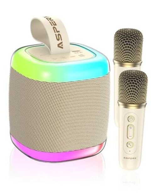 Karaoke Machine for Adults/Kids, Portable Bluetooth Speaker System with 2 beige