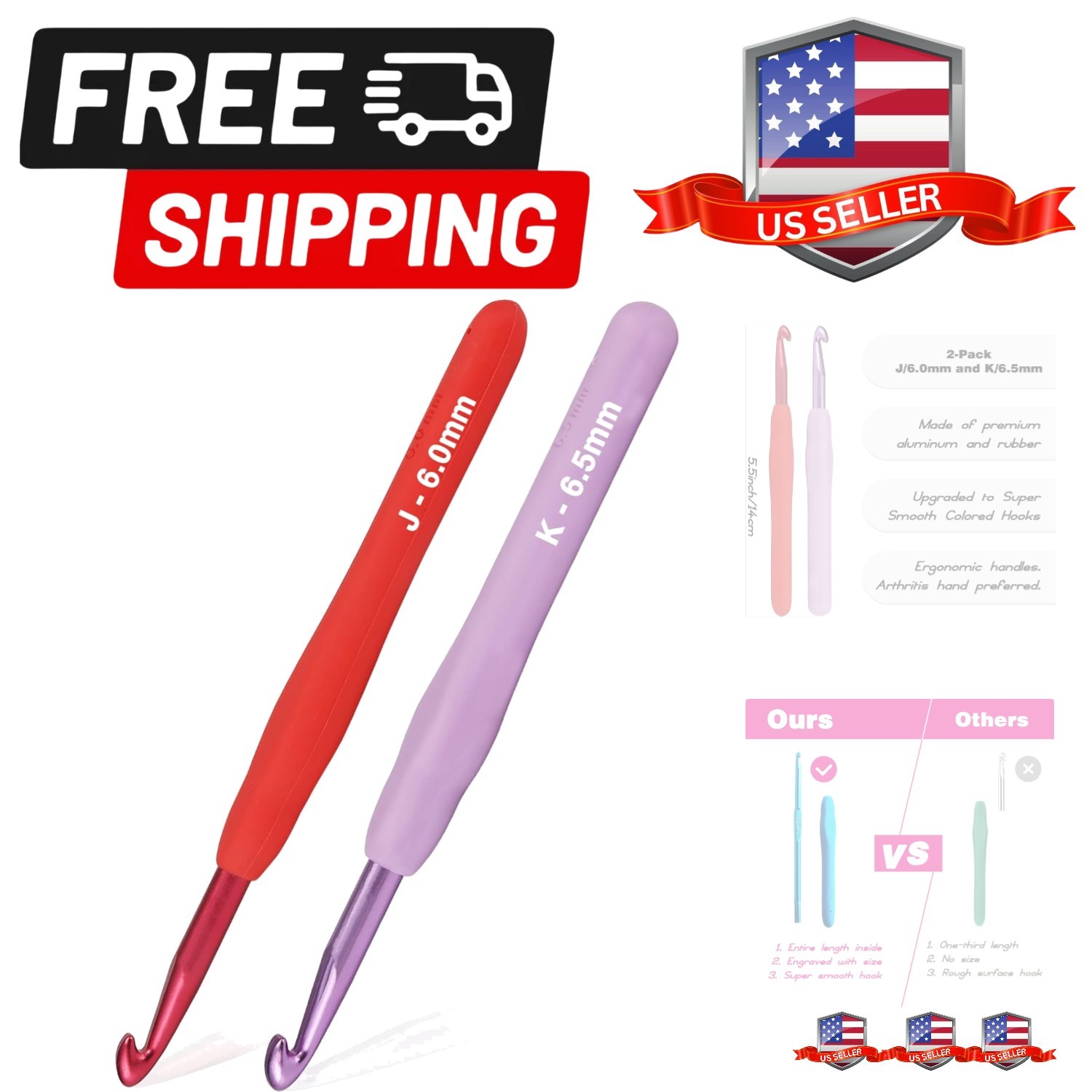 2Pack Size J / 6mm, K / 6.5mm Crochet Hooks, Super Smooth & Ergonomic for Beg...