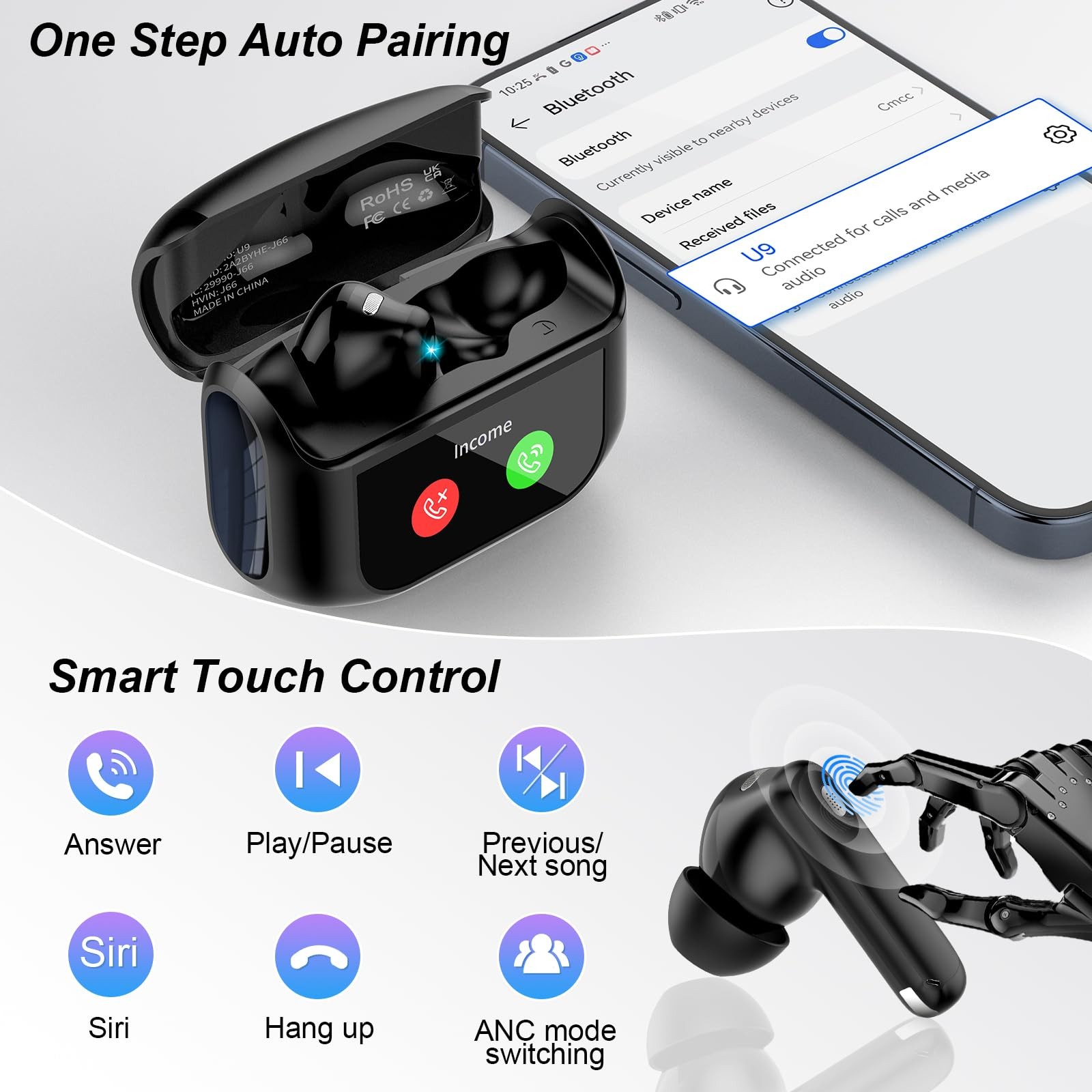 Wireless Earbuds, Bluetooth 5.4 Headphones Multi-Function Touch Screen