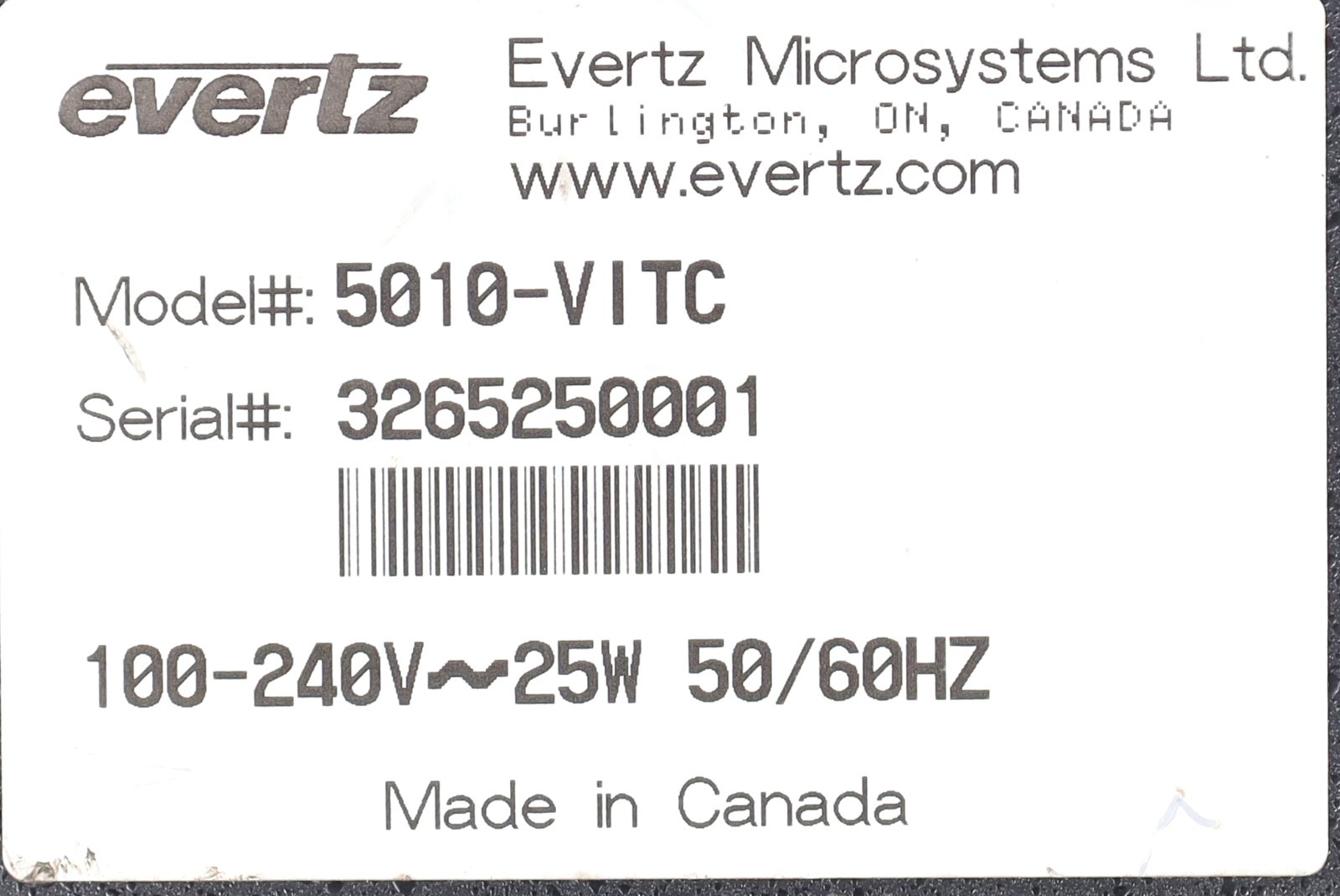 Evertz 5010-VITC Time Code Master w/ Power Cable