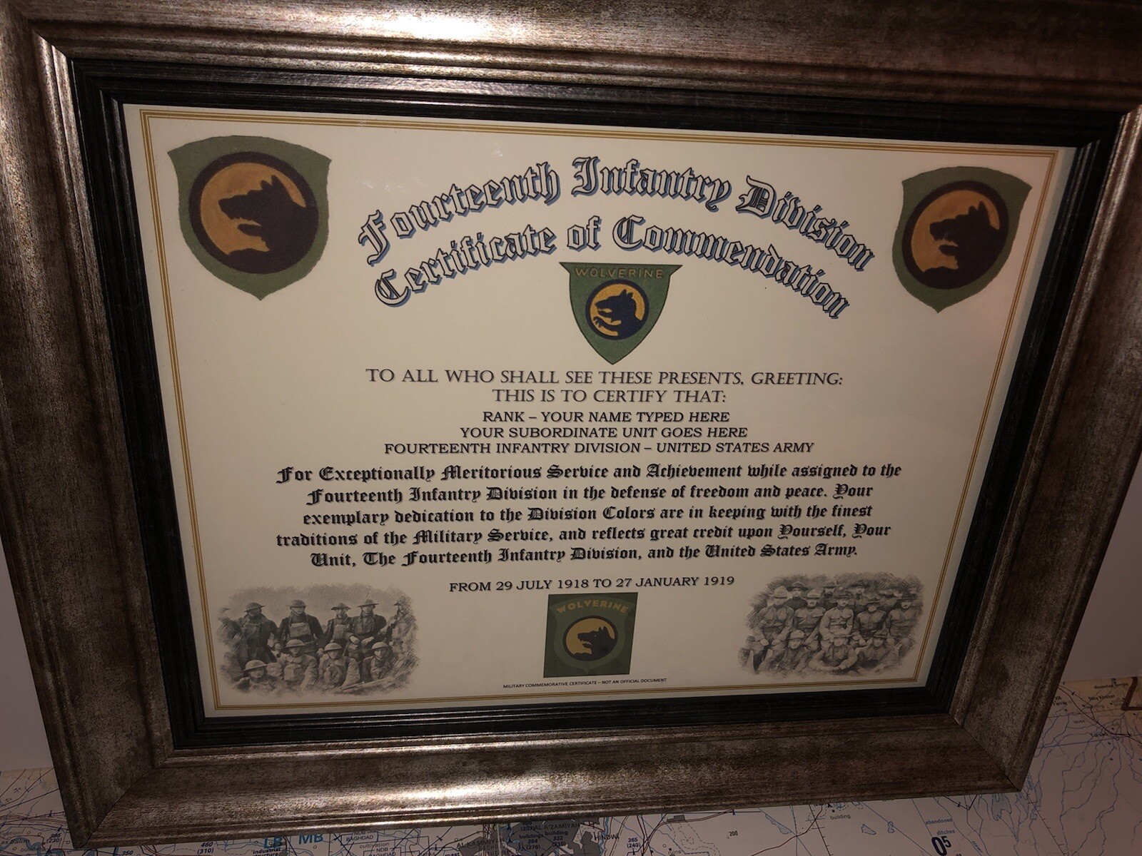 14TH INFANTRY DIVISION - WWI / COMMEMORATIVE - CERTIFICATE OF COMMENDATION
