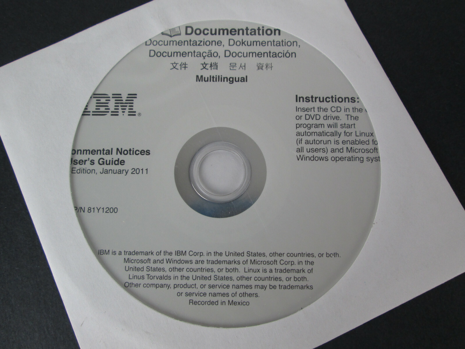 Genuine New IBM Environmental Notices Users Guide Documentation CD Disk 81Y1200