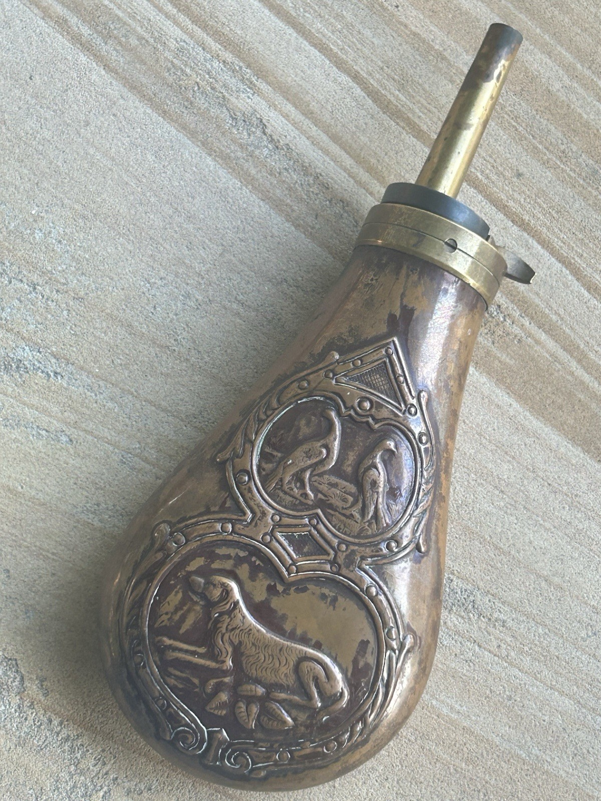 Muzzleloading Black powder Flask Vintage Brass/Copper With Dogs/Birds —Works