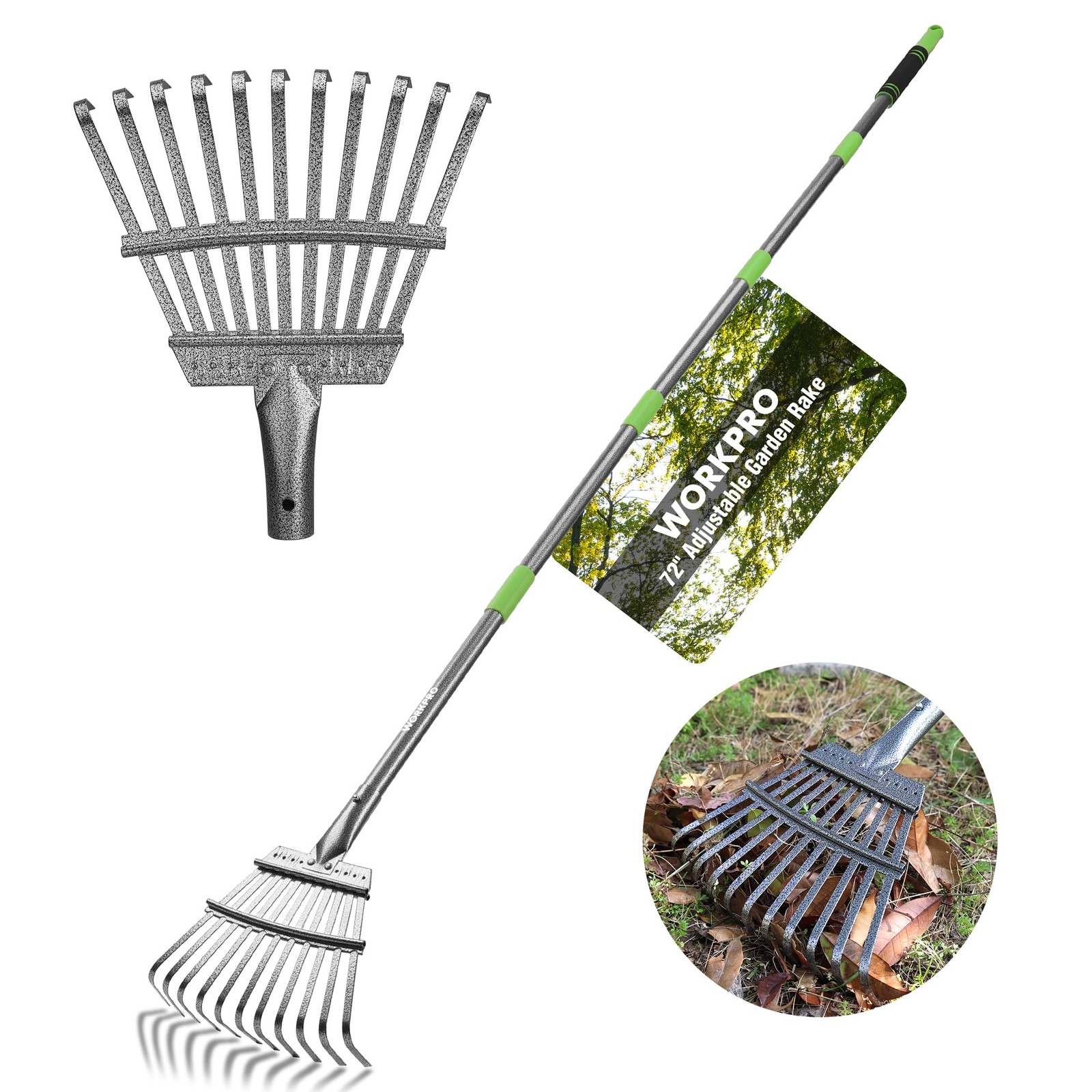WORKPRO Rake, Small Rake for Leaves with 72” Adjustable Long Green & Black