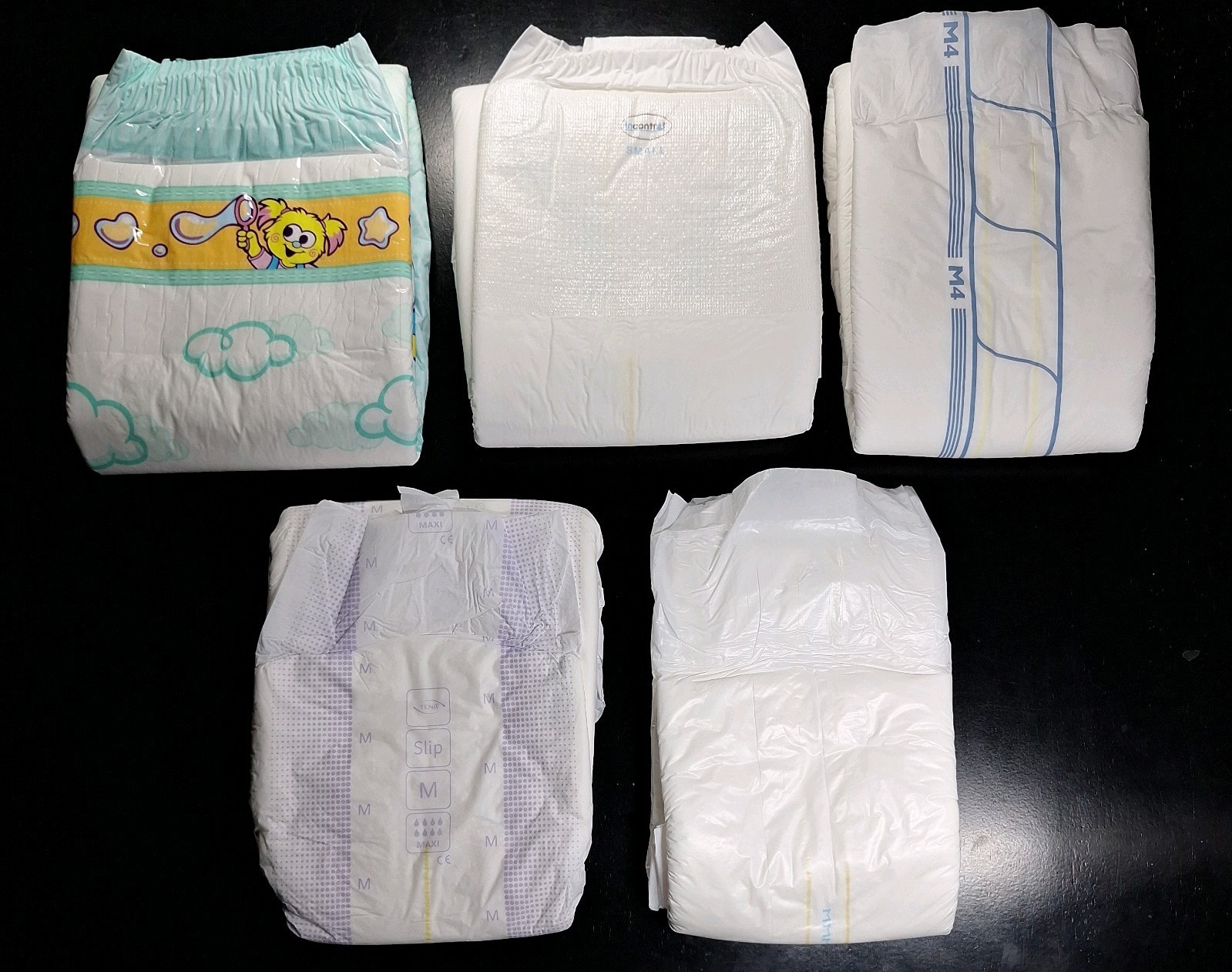 5-PACK Kiddo Rearz Tena Abena Tranquility Plastic Backed Diapers (Size Medium)