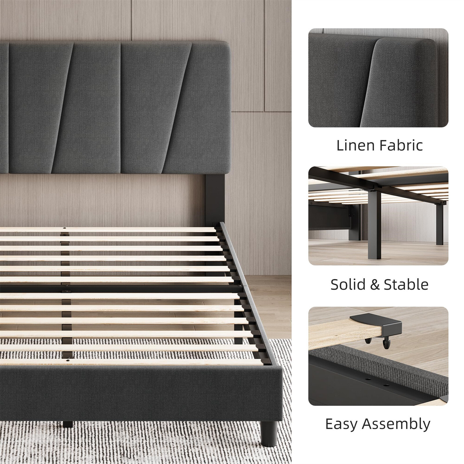 ⏯3️⃣Full Bed Frame Linen Upholstered Platform Bed w/Adjustable Diagonal Wooden S