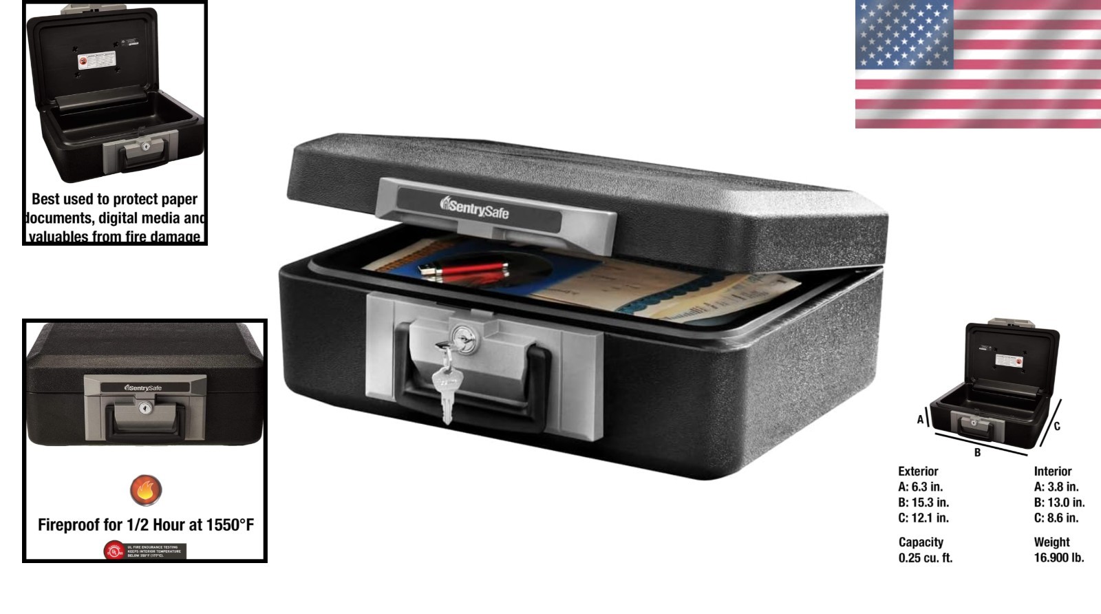 Durable Fireproof Safe Box with Key Lock, Secure Documents & Jewelry