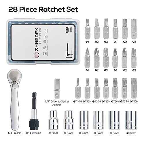 1/4 Mini Ratchet Set 28 Piece Right Angle Screwdriver Bits 72 Tooth Stubby Low