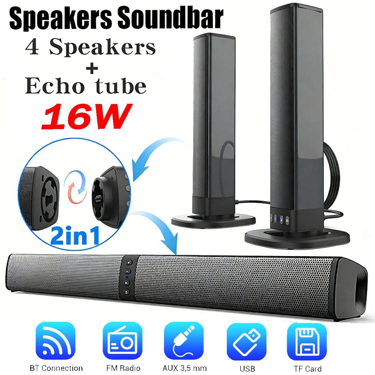 2 in 1 Surround Bluetooth Soundbar TV Home Theater Woofer Speaker Sound System