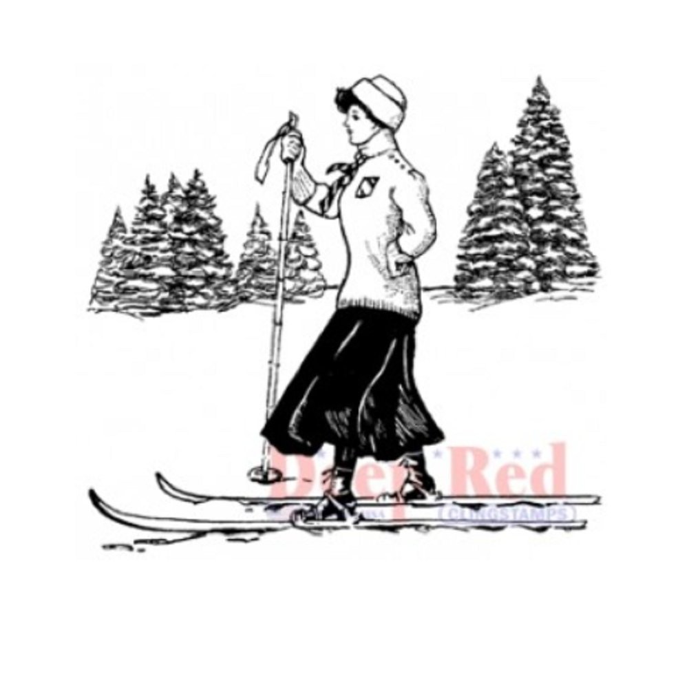 Deep Red Vintage Skier Rubber Cling Stamp Approx. Size: 3.2 x 3,