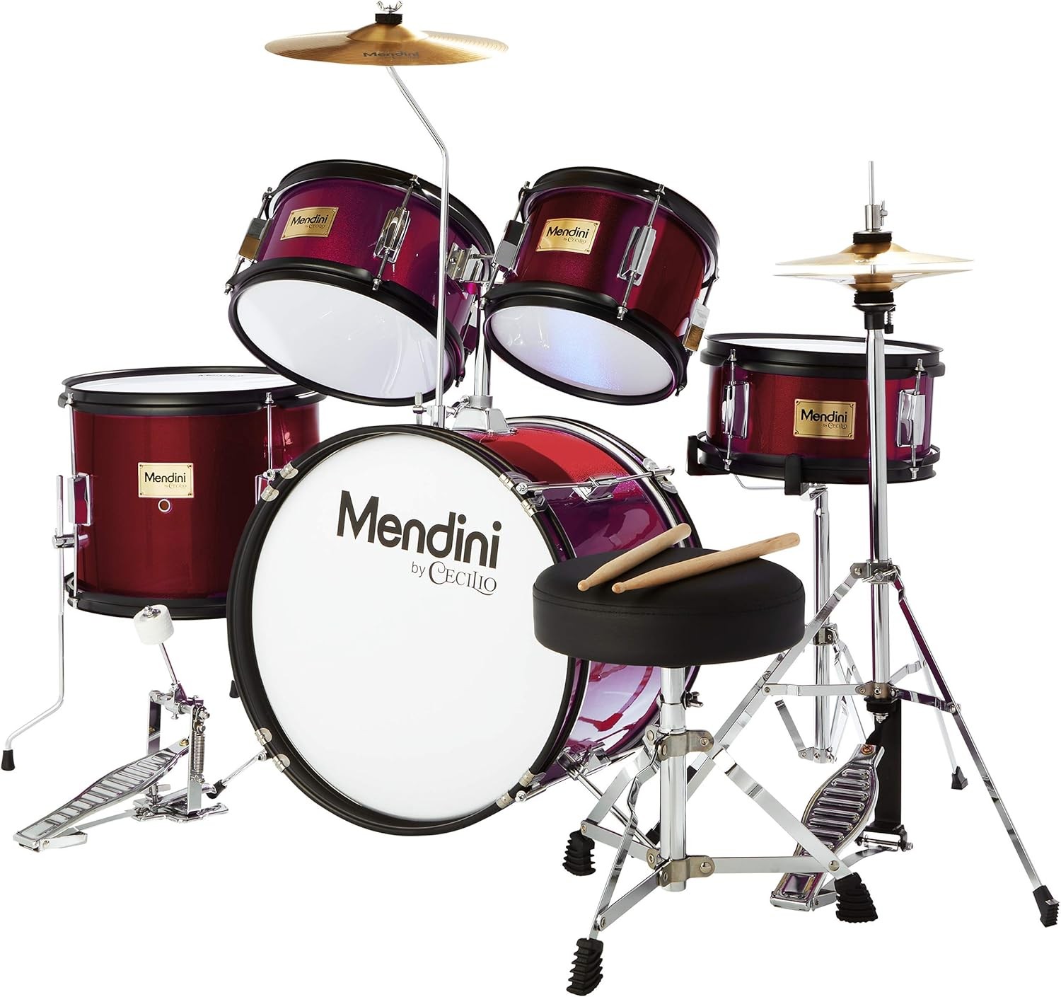 Mendini By Cecilio MJDS-5-WR Wood 5 Pieces Drum Set with Bass, Red Wine Metallic
