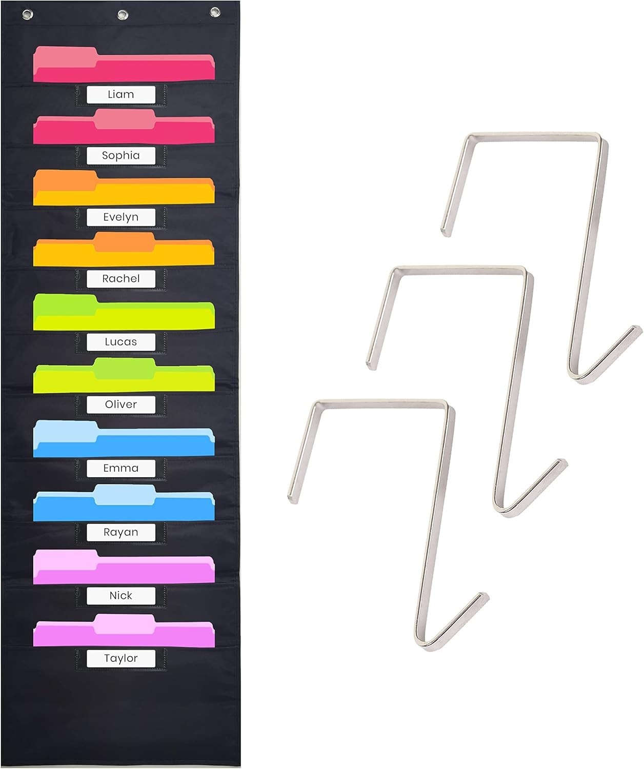Black Over Door Pocket Chart with 3 Hangers for Easy Organization
