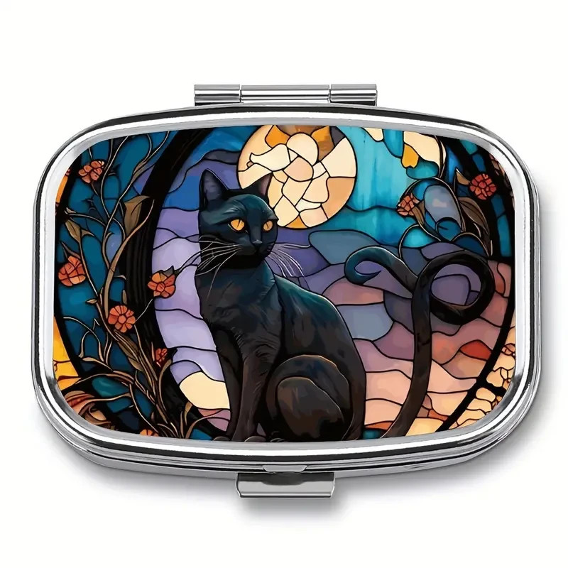 Black CAT Floral Design Pill Box Organizer Medicine Case 2 Compartment Travel