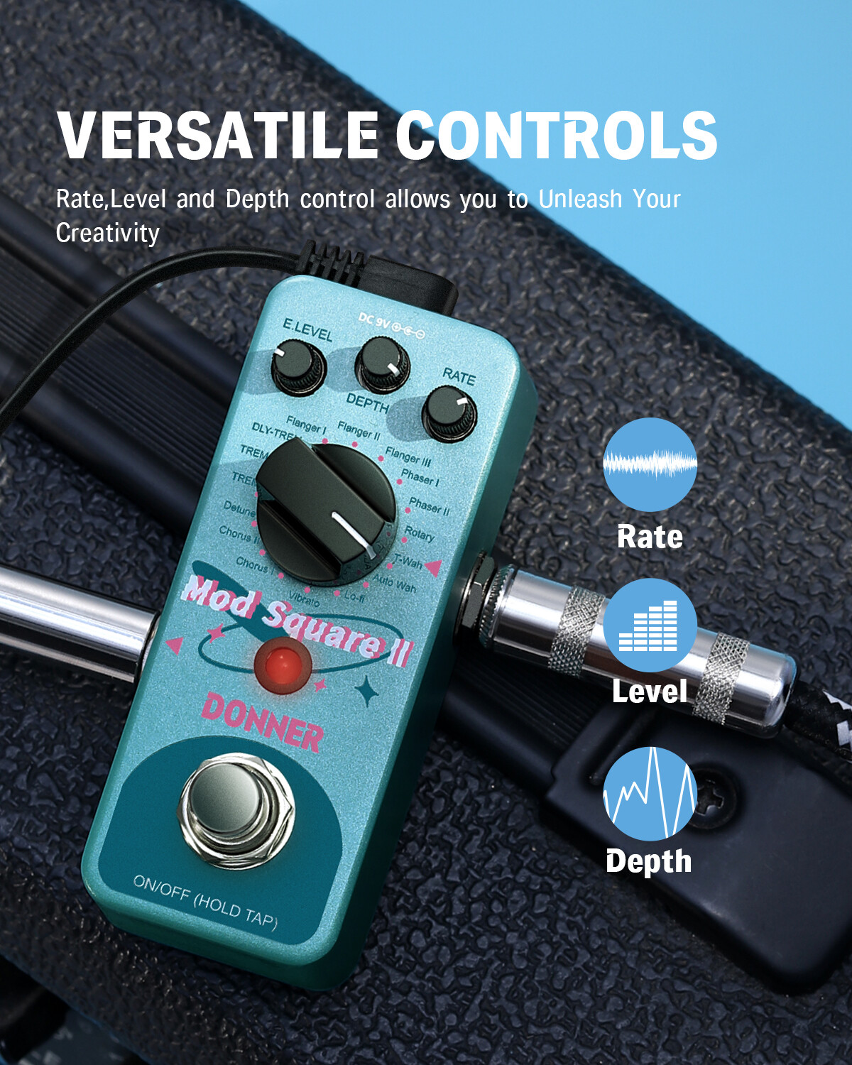 Donner Mod Square II Modulation Effects Pedal Chorus Phaser Tremolo Flanger Wah