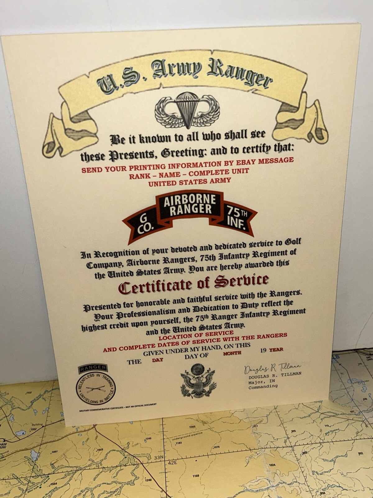 U.S. ARMY - G CO / 75TH RANGER INFANTRY CERTIFICATE OF SERVICE (COMMEMORATIVE)