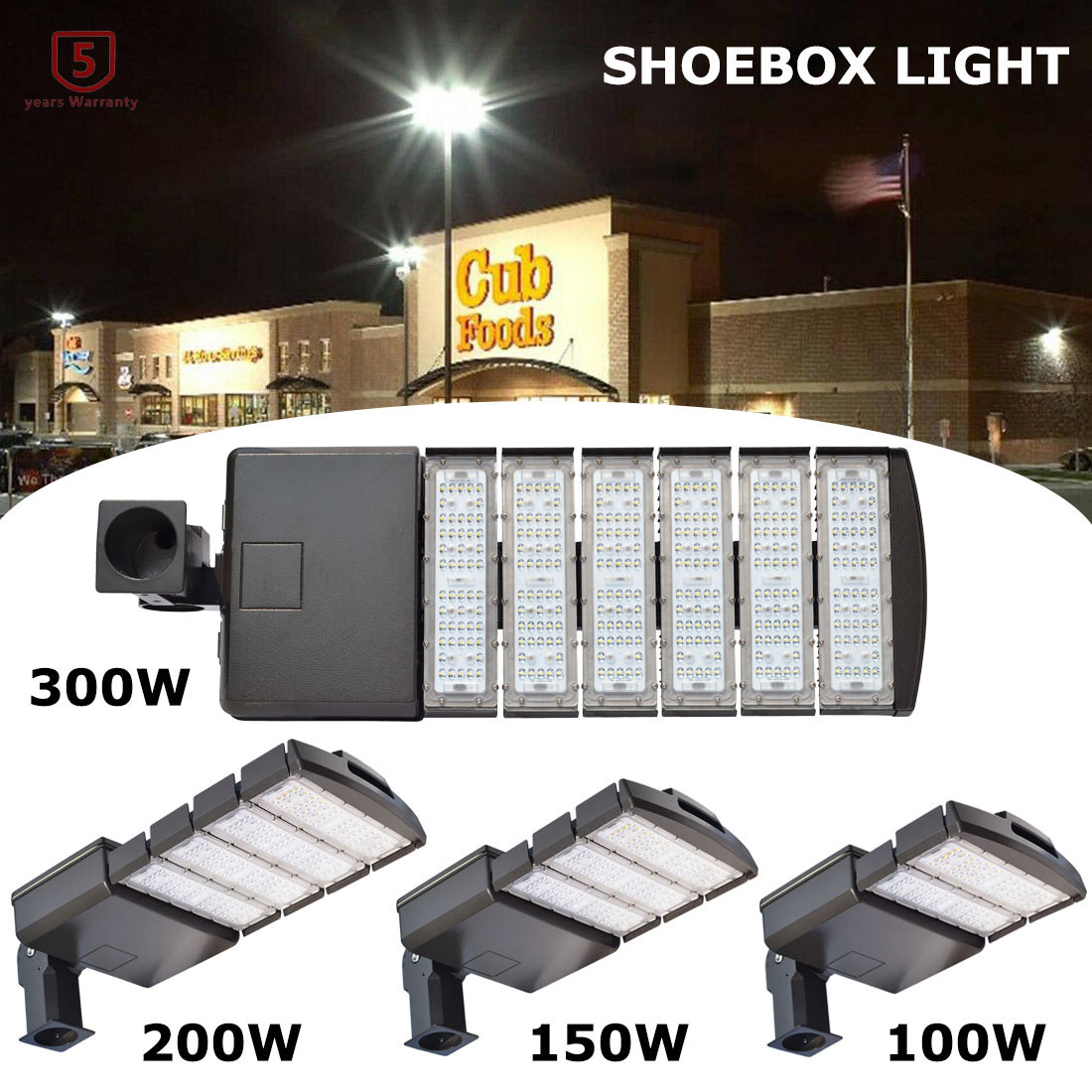 Led Parking Lot Shoebox Lights 100W 150W 200W 300W Outdoor Pole Area Light 5000K