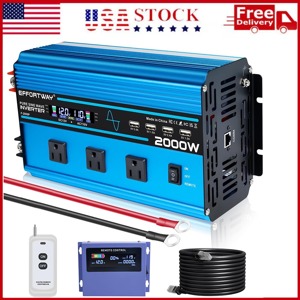 2000W 4000W Pure Sine Wave Power Inverter 12V to 110V Remote Control Converter