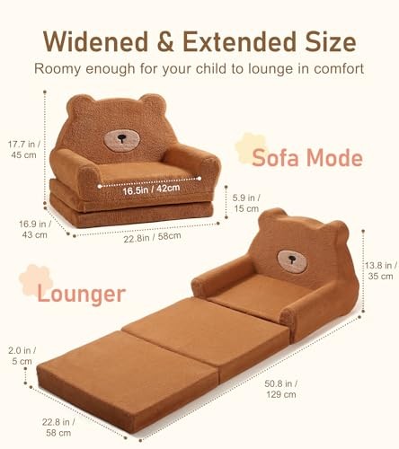 Extra Wide Soft Toddler Couch Fold Out, 2-in-1 Kids Couch, Convertible Bear
