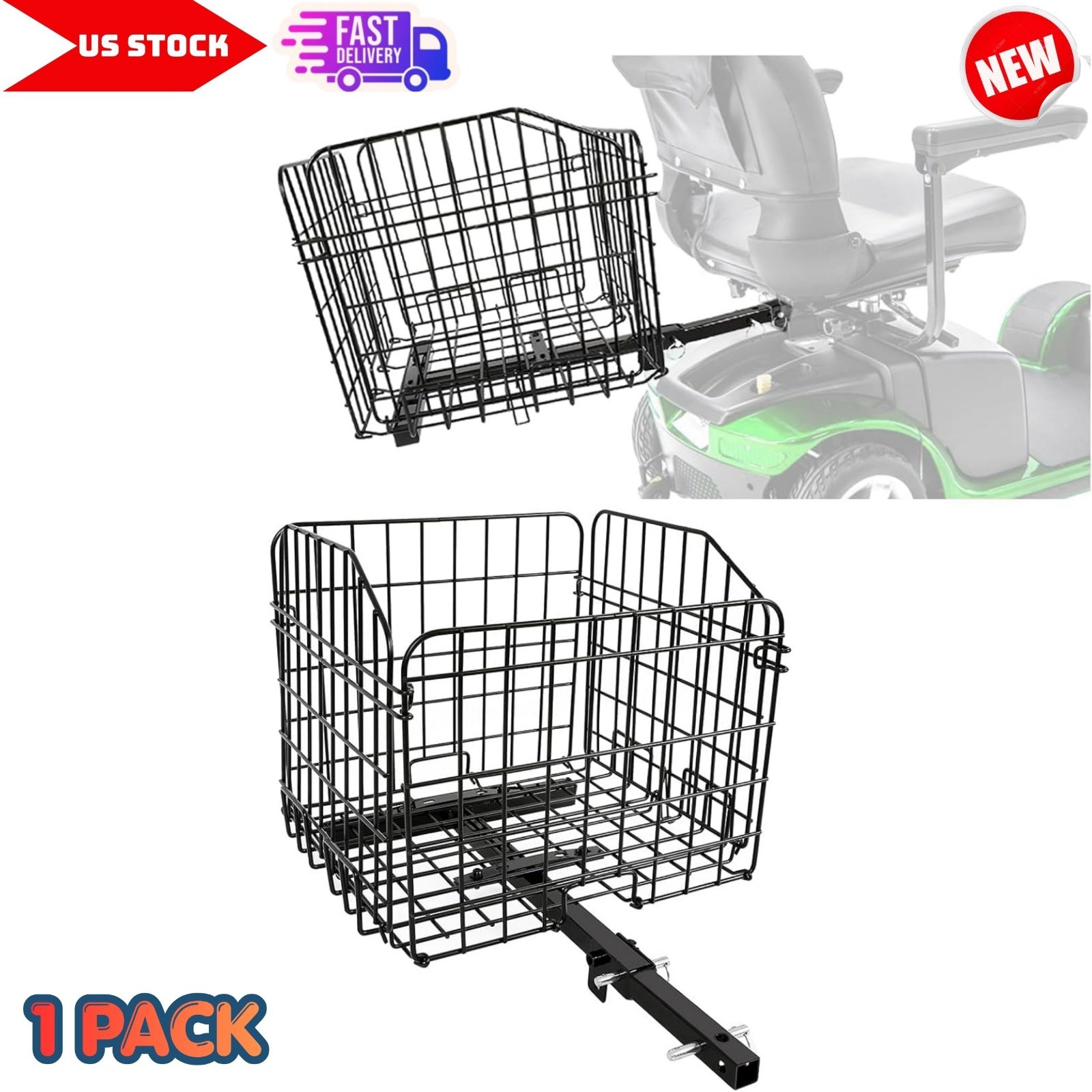 Folding Rear Cargo Basket w/ 1" Receiver for Pride Mobility Scooters/ Wheelchair