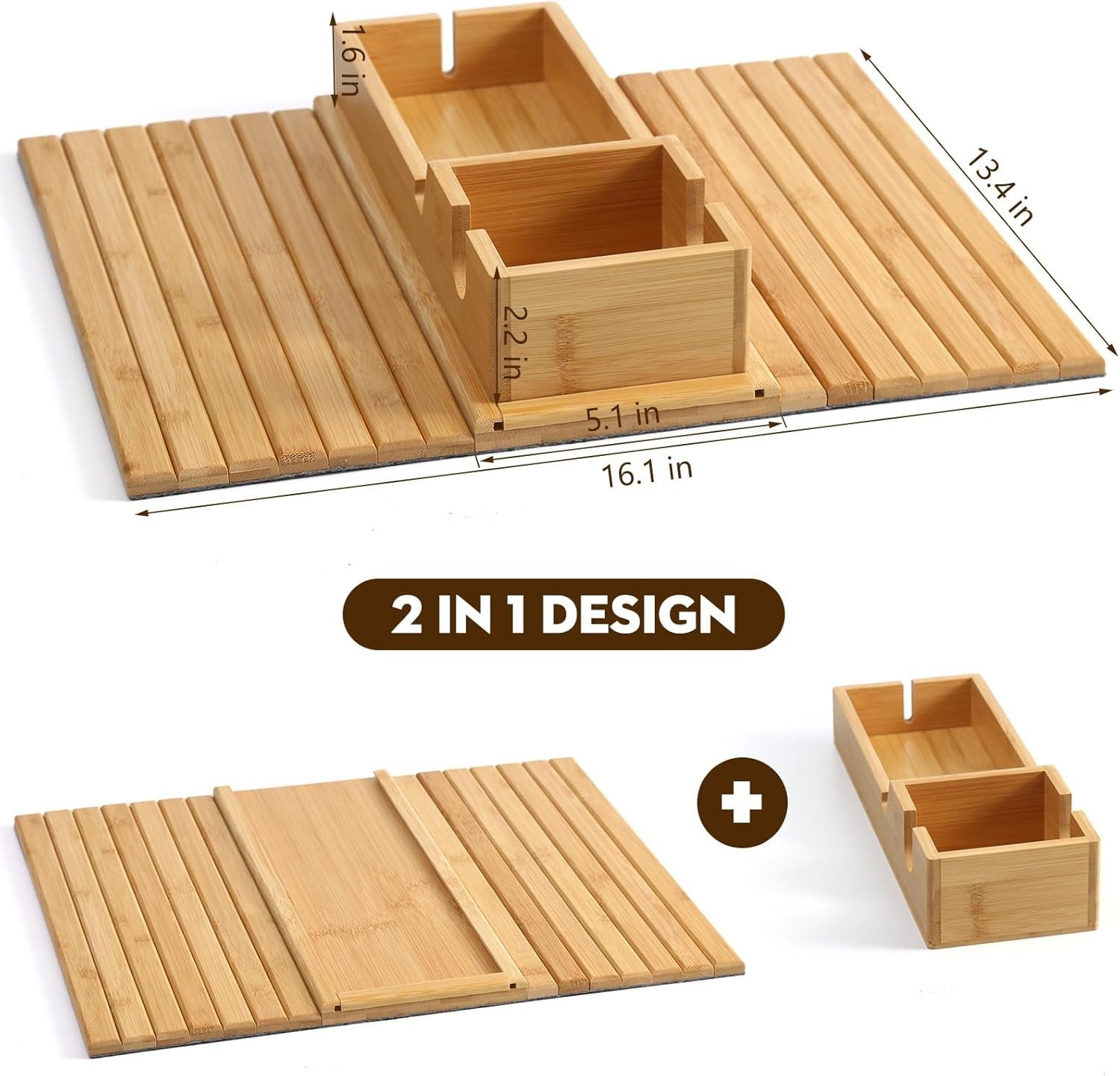 Bamboo Couch Arm Tray W/ Detachable Cup Holder 2 in 1 Foldable Anti-Falling