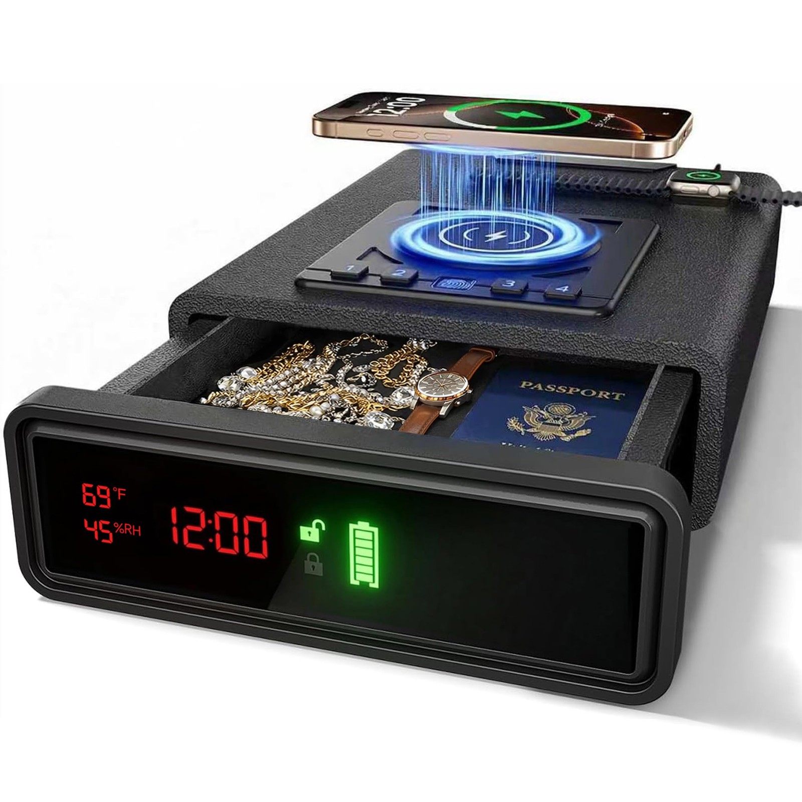 Biometric Fingerprint Gun Safe with Phone & Watch Wireless Charging, 3 Quick
